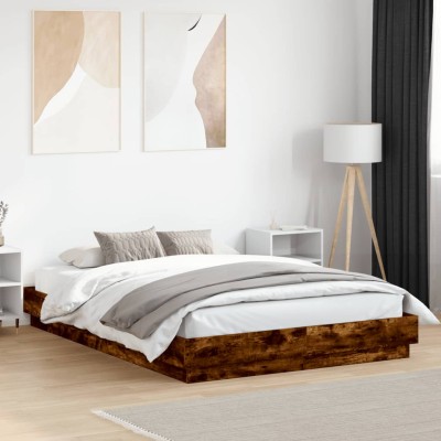 Estructura de cama con luces LED roble ahumado 120x200 cm