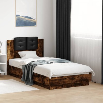 Cama con cabecero madera de ingeniería roble ahumado 90x190 cm