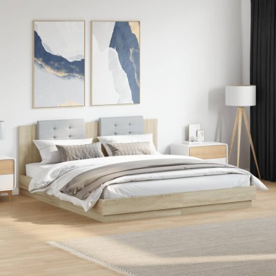 Estructura de cama cabecero luces LED roble Sonoma 200x200 cm