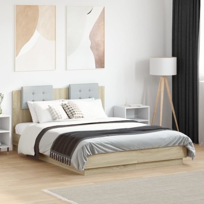Estructura cama con cabecero luces LED roble Sonoma 120x190 cm