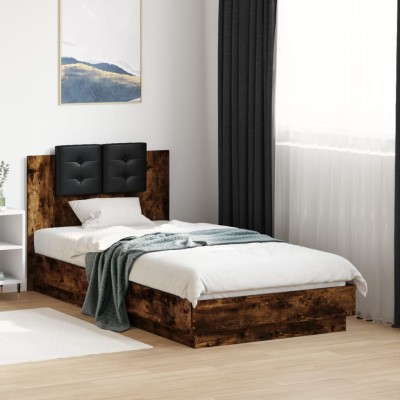 Estructura de cama cabecero luces LED roble ahumado 90x190 cm