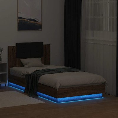Estructura de cama cabecero luces LED marrón roble 75x190 cm