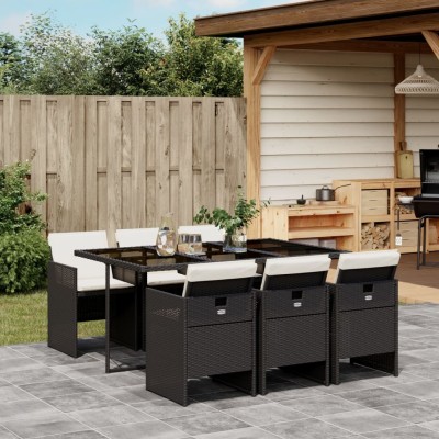 Set de comedor de jardín 7 pzas y cojines ratán sintético negro