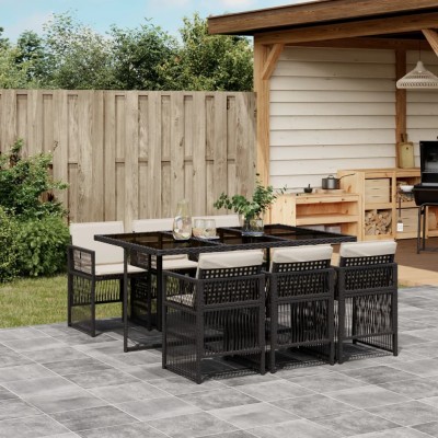 Set de comedor de jardín 7 pzas y cojines ratán sintético negro