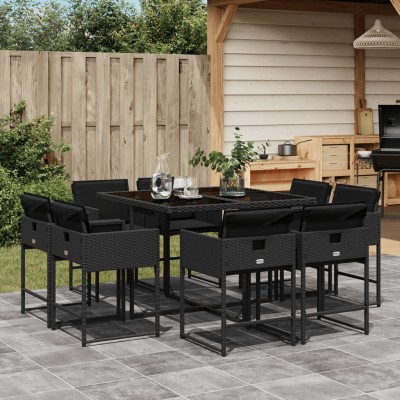 Set de comedor de jardín 9 pzas y cojines ratán sintético negro