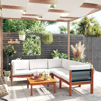 Conjunto de jardín de 6 piezas con cojines, madera color crema, acacia y cuerda