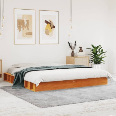 Cama sin colchón madera maciza de pino marrón cera 180x200 cm