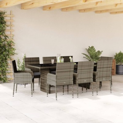 Set comedor jardín 9 pzas y cojines ratán sintético gris