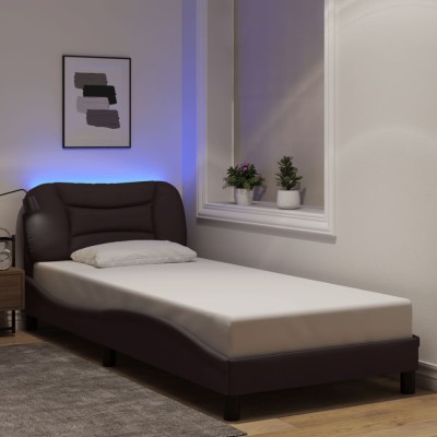 Estructura de con LED sin colchón tela marrón oscuro 90x190 cm