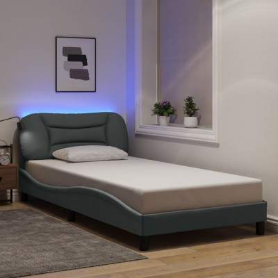 Estructura cama con LED sin colchón tela gris claro 90x200 cm