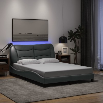 Estructura cama con LED sin colchón tela gris claro 140x190 cm