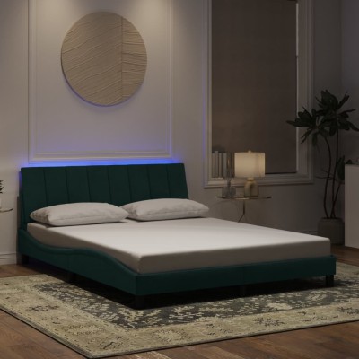 Estructura cama con luces LED terciopelo verde oscuro 160x200cm