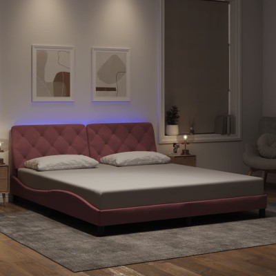 Estructura de cama con luces LED terciopelo rosa 180x200 cm