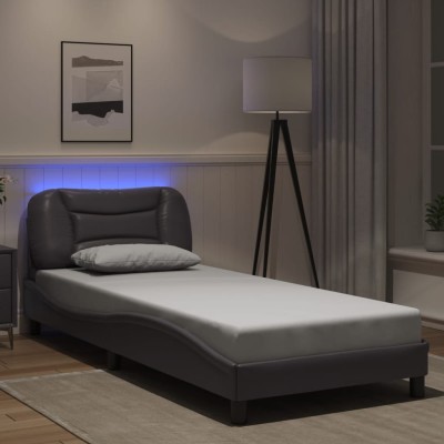 Estructura de cama con luces LED cuero sintético gris 90x200 cm