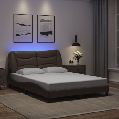 Estructura cama con luces LED cuero sintético marrón 120x200 cm