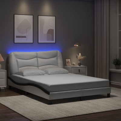 Estructura cama con LED cuero sintético blanco negro 140x200 cm