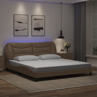 Estructura de cama con luz LED cuero PE capuchino 180x200 cm