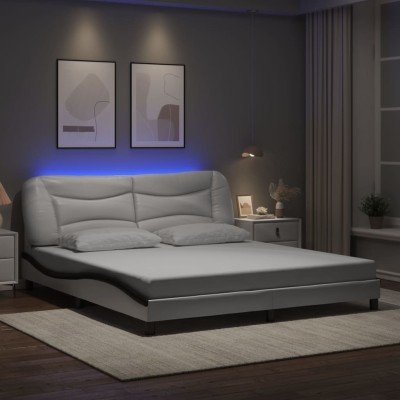 Estructura de cama con luz LED cuero PE blanco negro 180x200 cm