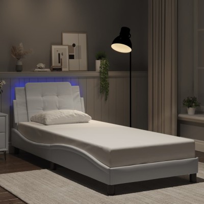Estructura cama con luces LED cuero sintético blanco 90x200 cm