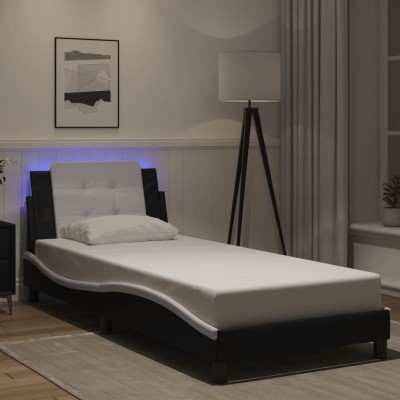 Estructura cama con LED cuero sintético negro blanco 90x200 cm