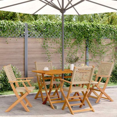 Sillas de jardín plegables 4 uds madera maciza y ratán PE beige