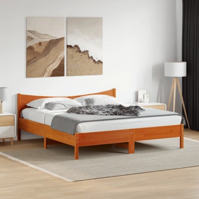 Cama sin colchón madera maciza de pino marrón cera 200x200 cm