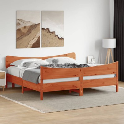 Cama sin colchón madera maciza de pino marrón cera 200x200 cm