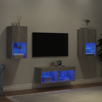 Muebles de TV de pared con luces LED 4 piezas gris Sonoma