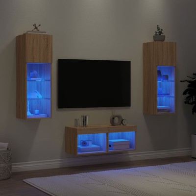 Muebles de TV de pared con luces LED 4 piezas roble Sonoma