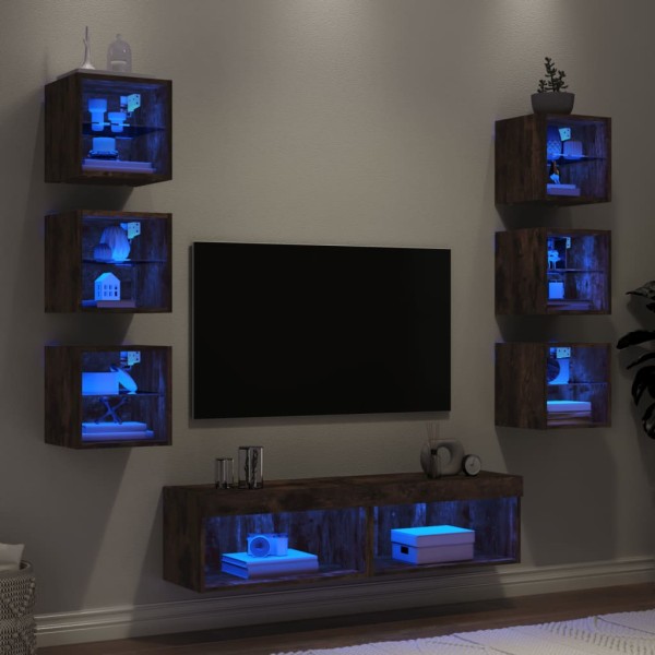 Muebles TV pared con LED 8 pzas madera ingeniería roble ahumado
