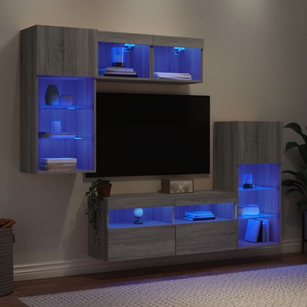 Muebles TV pared con LED 5 pzas madera ingeniería gris Sonoma