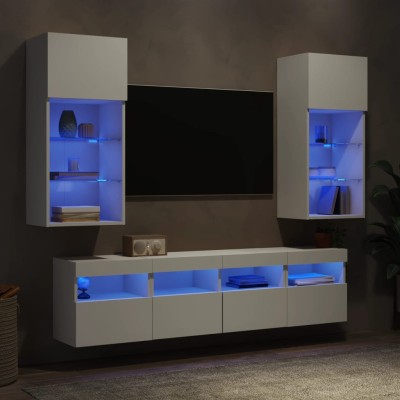 Muebles de TV de pared con LED 5 pzas madera ingeniería blanco