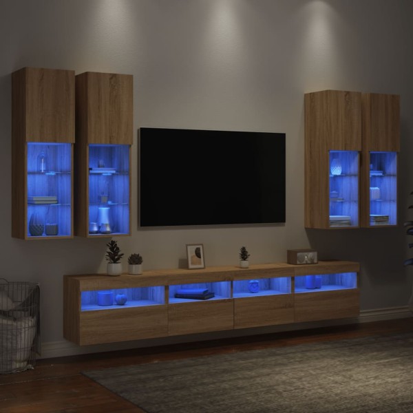 Muebles de TV de pared con luces LED 7 piezas roble sonoma