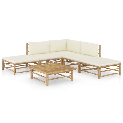 Set de muebles de jardín 6 piezas bambú y cojines blanco crema