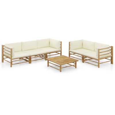 Set de muebles de jardín 6 piezas bambú y cojines blanco crema