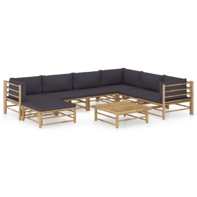 Set de muebles de jardín 8 piezas bambú con cojines gris oscuro