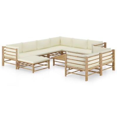 Set de muebles de jardín 10 piezas bambú y cojines blanco crema