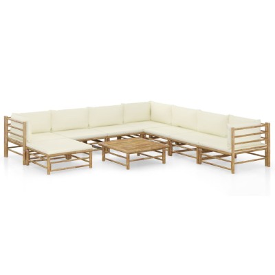 Set de muebles de jardín 9 piezas bambú y cojines blanco crema