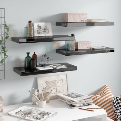 Estante flotante de pared 4 uds MDF negro brillo 60x23,5x3,8 cm