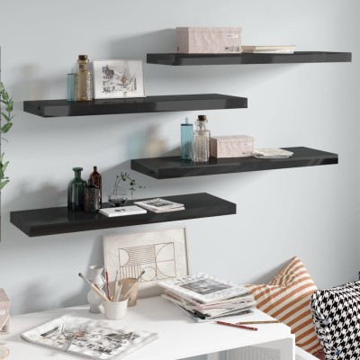 Estantes flotantes pared 4 uds negro brillo MDF 80x23,5x3,8 cm