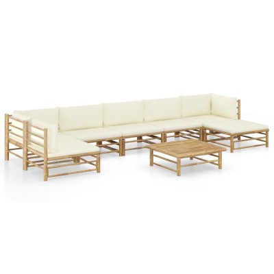 Set de muebles de jardín 8 piezas bambú y cojines blanco crema