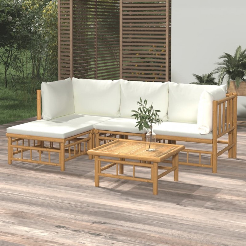 Set de muebles de jardín 5 piezas bambú y cojines blanco crema