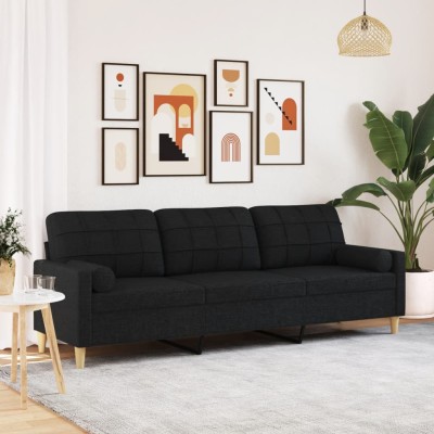 Sofá de 3 plazas con cojines tela negro 210 cm