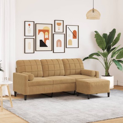 Sofá de 3 plazas con taburete de terciopelo marrón 180 cm