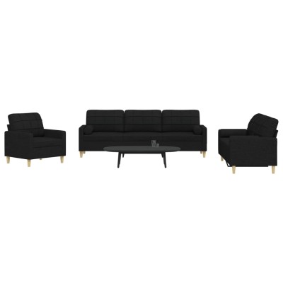 Juego de sofás con cojines 3 piezas tela negro