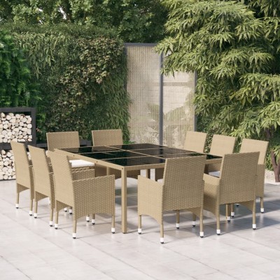 Juego de comedor de jardín de 11 piezas ratán sintético beige