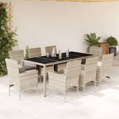 Set de comedor jardín 9 piezas y cojines ratán PE y vidrio gris