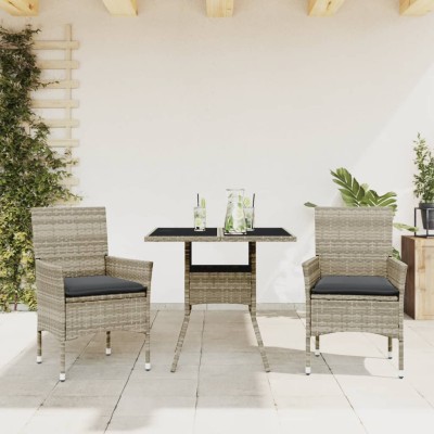 Set comedor jardín 3 pzas y cojines ratán PE vidrio gris claro