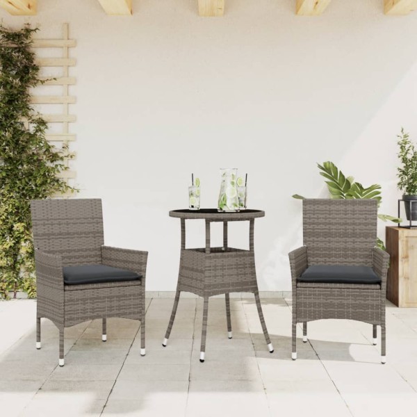 Set comedor jardín 3 pzas y cojines ratán sintético vidrio gris