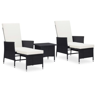 Set de muebles de jardín y cojines 3 pzas ratán sintético negro